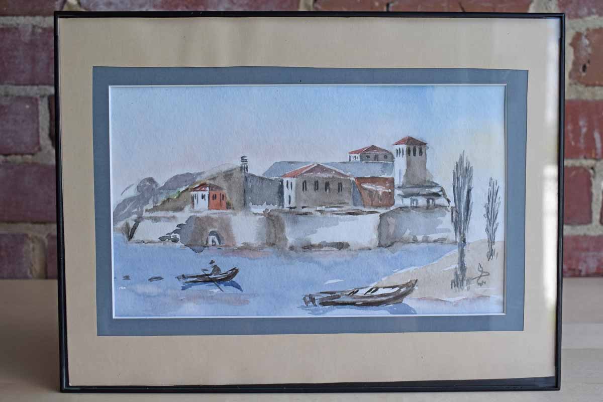 Original Watercolor of a Fishing Village and Boater Scene