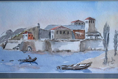 Original Watercolor of a Fishing Village and Boater Scene
