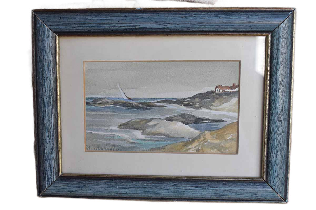 Little Framed and Signed Watercolor of a Sailboat and Beach Home Scene