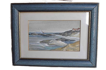Little Framed and Signed Watercolor of a Sailboat and Beach Home Scene