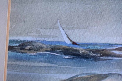 Little Framed and Signed Watercolor of a Sailboat and Beach Home Scene
