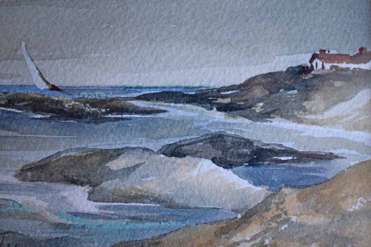 Little Framed and Signed Watercolor of a Sailboat and Beach Home Scene