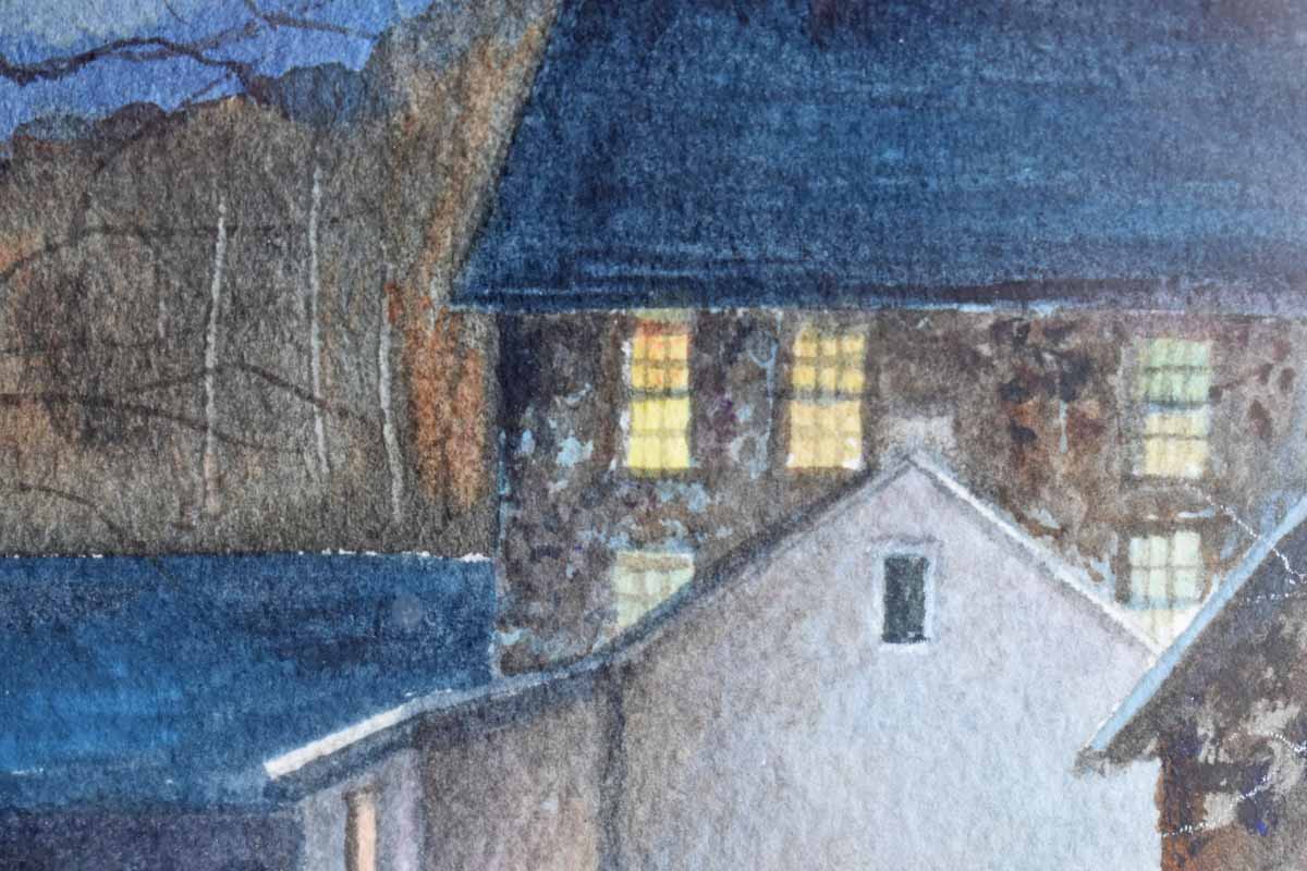 Original Watercolor of an Old House in Winter
