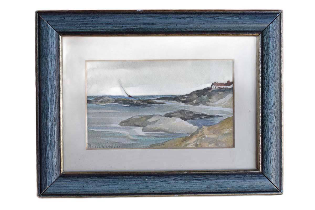 Little Framed and Signed Watercolor of a Sailboat and Beach Home Scene