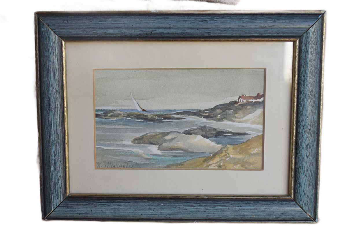 Little Framed and Signed Watercolor of a Sailboat and Beach Home Scene