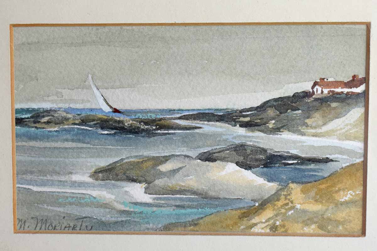 Little Framed and Signed Watercolor of a Sailboat and Beach Home Scene