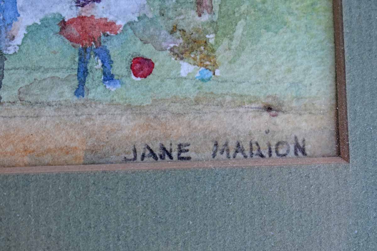 Pair of Lovely Watercolors of Children and a Garden, Signed by Jane Marion