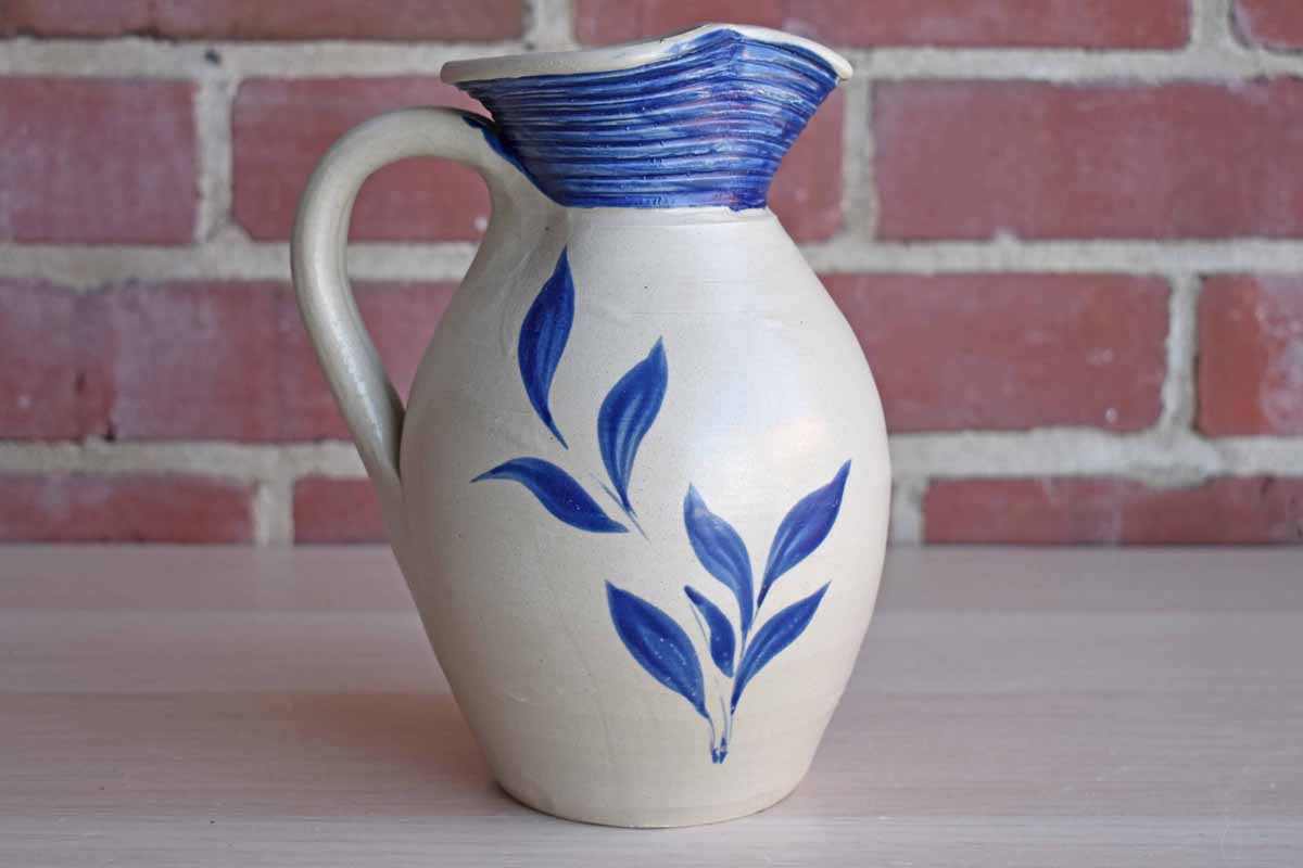 Williamsburg Pottery (Virginia, USA) Salt Glazed Pitcher with Blue Leaves